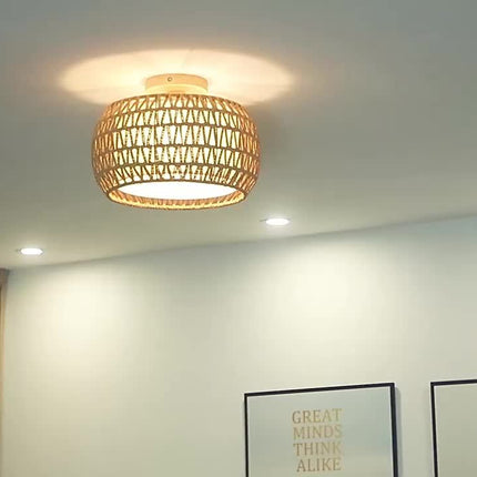 1pc Bohemian Rattan Semi-Flush Mount Ceiling Light Fixture For Farmhouse Decor