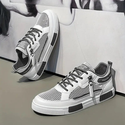 Men'S Breathable Mesh Casual Sports Shoes- White and Green Low-top Lace-up Shoes with EVA Cushioning