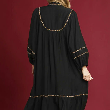 Black Contrast Leopard Trim Split Neck Long Sleeve Casual Midi Dress
