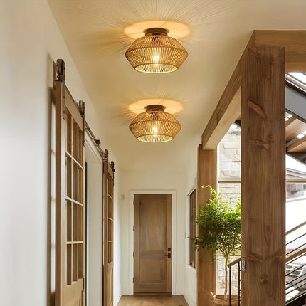 1pc Boho Rattan Ceiling Light Fixture - Farmhouse Chandelier with E27 Socket (Bulb Not Included)
