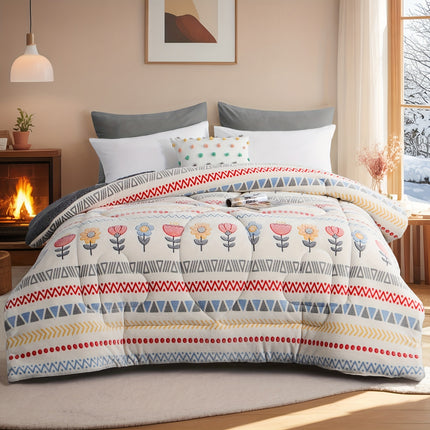1pc Luxury Double-Sided Winter Quilt, Floral and Geometric Design, Quilting Process,