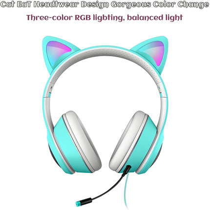 AUX 3.5Mm Cat Ear Gaming Headphones with LED Light, Noise-Cancelling Stereo On-Ear Headphones,