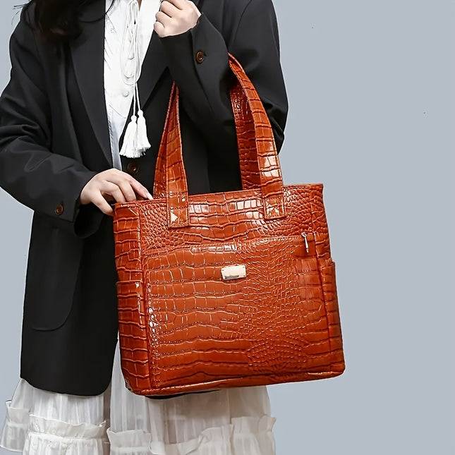 Women's preferred large-capacity tote: elegant, solid-color, crocodile-patterned PU bag with secure zipper