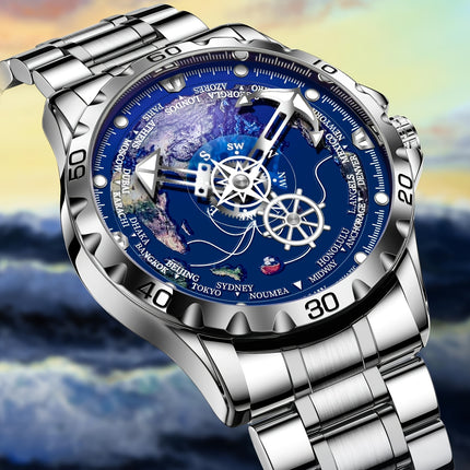 Men's Automatic Mechanical Watch - Navy Blue Dial with Golden Hands, Compass Rose Steering Wheel