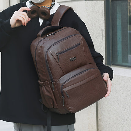 Men's Vintage PU Large Capacity Multi-Pocket Backpack, Casual Commuter Travel Backpack
