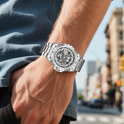 Men'S Mechanical Watch - Elegant Hollow Dial with Stainless Steel Strap,