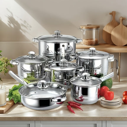 12pcs Stainless Steel Cookware Set - Heavy-Duty,