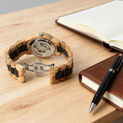 Automatic Skeleton Watch in Olive Wood - Men's Gift