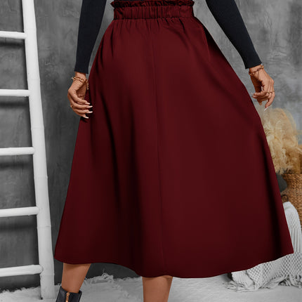 Solid Ruffle Hem Skirt, Elegant Patched Pocket Elastic Waist Loose Midi Skirt For Fall & Winter, Women's Clothing
