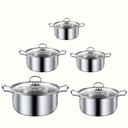 10pcs Stainless Steel Cookware Set - 5 Pots & 5 Lids, Double Handles for Easy Grip,