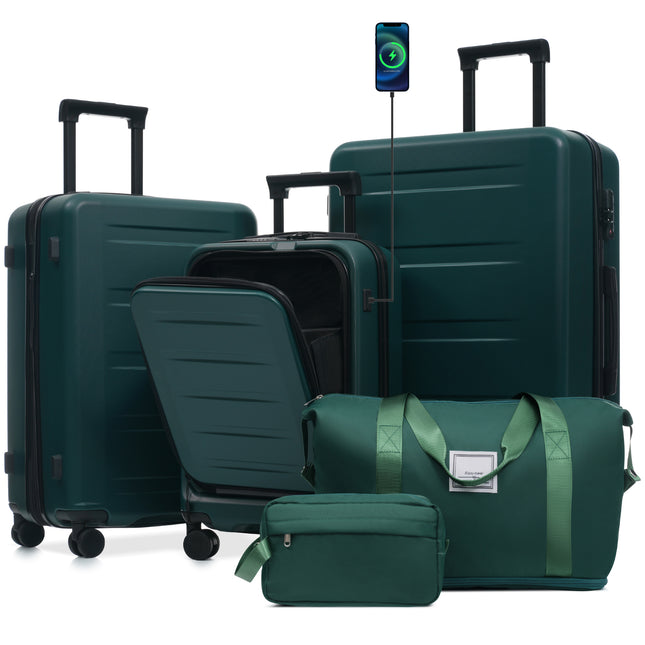 Luggage Sets 5 Piece with Front Opening, Hardside Expandable Carry On Suitcase Set with Double Spinner Wheel, Lightweight Travel Luggage with USB Port,TSA Locks(20'24'28')