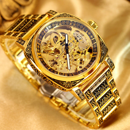 1pc Men'S Black and Yellow Steel Strip Party Style Exquisite Carving Fully Automatic Ancient Roman Mechanical Watch