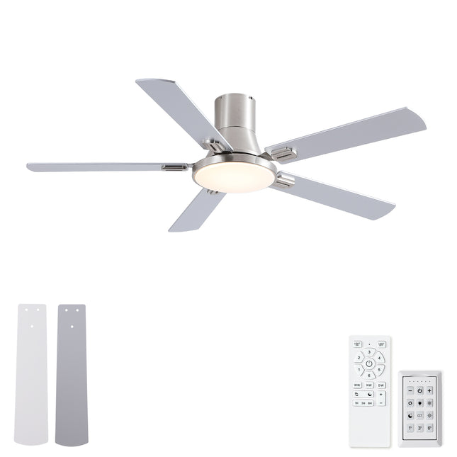 52 inch Flush Mount Ceiling Fans with LED Light 24W and Remote Control 5 Plywood Blades for Mordern Bedroom and Living Room