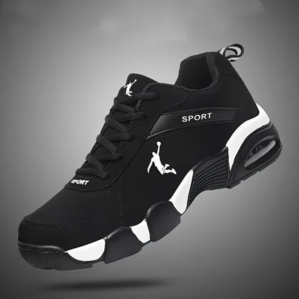 Air Cushion Casual Sneakers  Black/White Colorway, PU Upper, Geometric Design