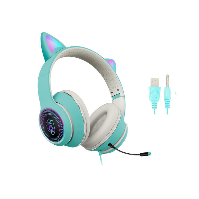 AUX 3.5Mm Cat Ear Gaming Headphones with LED Light, Noise-Cancelling Stereo On-Ear Headphones,