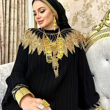 Popular Fashion Heavy Sequin Gown with Chain Belt, Pleated Loose Long Sleeve Dress