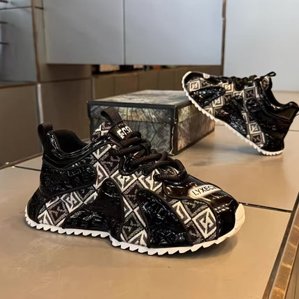 Men's Stylish Embroidered Patchwork Sneakers - Black & White Geometric Design