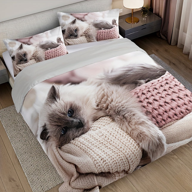 3pcs Cat Print Bedding Set - Includes 1 Duvet Cover & 2 Pillowcases, Breathable Polyester, Machine Washable - Perfect for All Seasons