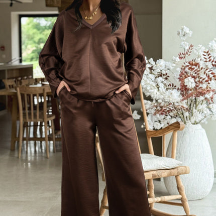 Dark Brown Braided V Neck Long Sleeve Loose Top and Drawstring High Waist Pants 2pcs Outfit