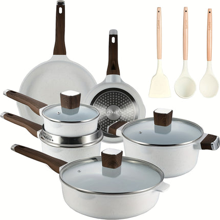 13pcs Pots and Pans Set, Nonstick White Granite Set, Cookware Sets Suitable for Gas, Electric
