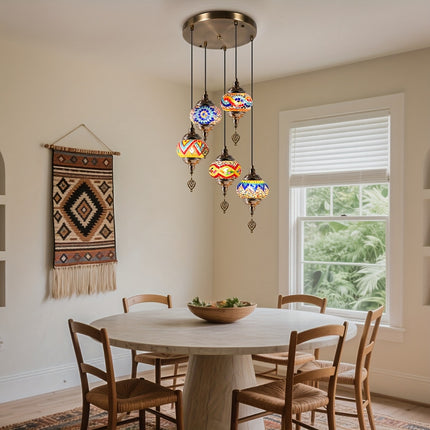 1pc Turkish-Moroccan Tile Pendant Ceiling Light, 5-Arm Shade, E27 Socket, Handcrafted Glass,