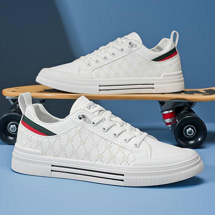 Stylish White Skate Sneakers with Red & Green Striped Pattern – Comfortable, Durable,