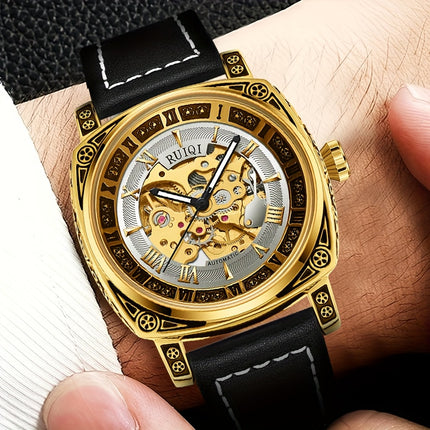 Men'S Luxury Vintage Automatic Mechanical Watch with Golden Hollow Carved Skeleton Dial,