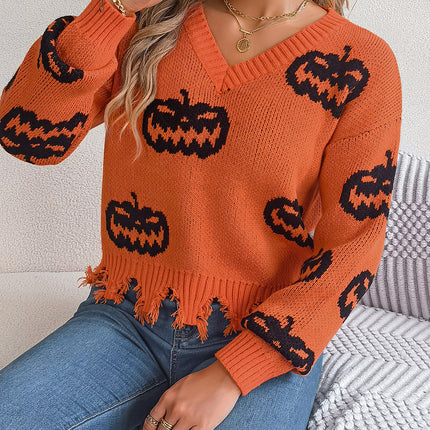 Halloween Contrast Color Pumpkin Cut Long Sleeve Sweater