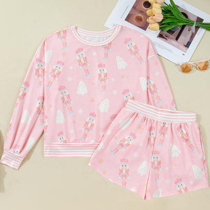 Pink Christmas Tree Nutcracker Doll Print Contrast Trim Long Sleeve Top Matching Shorts Set
