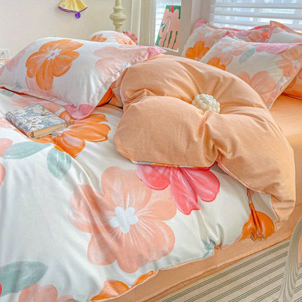 3pcs Soft & Comfortable Floral Bedding Set - Vibrant Orange & Pink Flowers, Machine Washable Polyester,