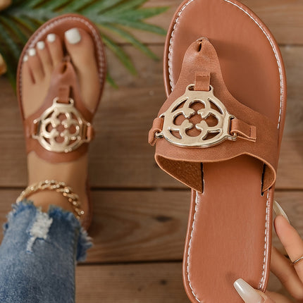 Chestnut Metal Decor Leather Thong Slippers