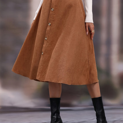 Elegant Solid Color Button-Front Flared Skirt for Women - High Waist, Machine Washable