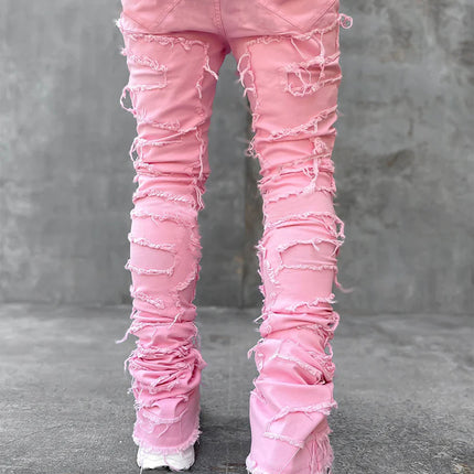 Men Trousers Individual Patched Pants Long Tight Fit Stacked Jeans For Mens Clothing