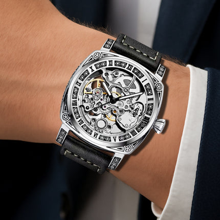 1pc Men'S Silvery Black PU Belt Simple Style Quality Ancient Roman Fully Automatic Tourbillon Mechanical Watch