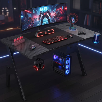 Gaming Table, Ergonomic Carbon Fiber Gamer Table, 120/140cm Computer Table with Cup Holder