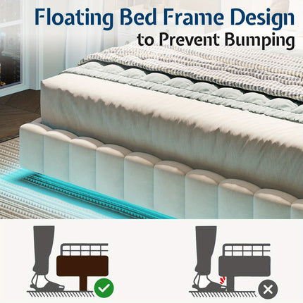 Bed Frame with Wide Headboard, Floating Platform, RGB LED Lights,