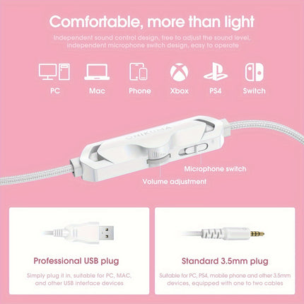 Cat Ear Gaming Headset with Microphone, Anime Inspired On-Ear Headphones, 3.5mm Jack