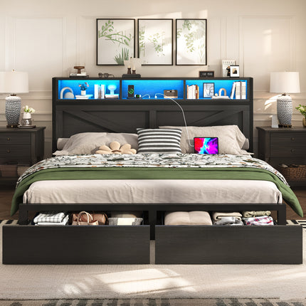 Modern Farmhouse Bed Frame with Storage Headboard