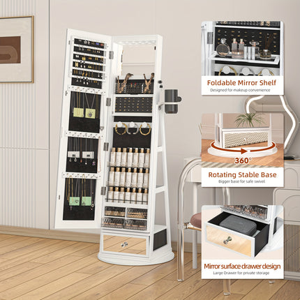 LED Lights, Full Length Mirror Cabinet Standing, Jewelry Organizer Storage, Foldable Makeup Shelf