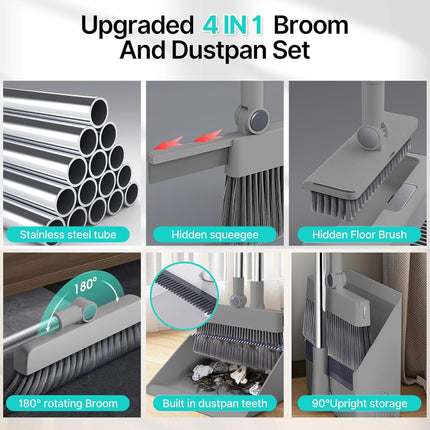 4 in 1 Multifunctional Broom and Dustpan Combo Set with 111.76cm Long Handle
