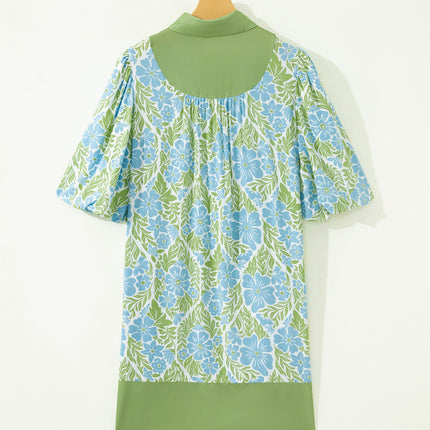 Sky Blue Floral Print Color Block Patchwork Shirt Collar Half Sleeve Mini Dress