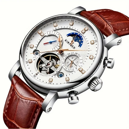 [KINYUED] Men'S Automatic Winding Mechanical Watch with Moon And Stars Multi-Function Wristwatch,