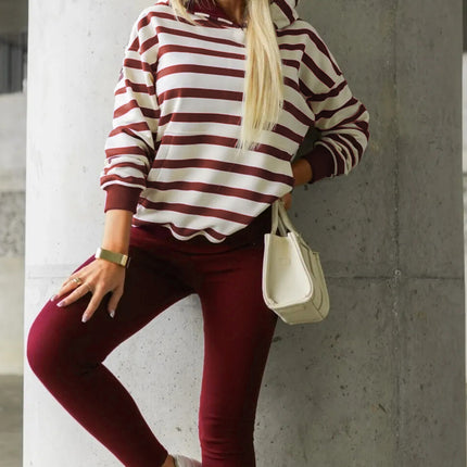 Red Stripe Pullover Hoodie Ribbed Solid Pants 2pcs Set Outfit
