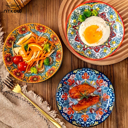 NTKOW 6pcs Bohemian Hand-Painted Ceramic Plates - Vibrant Floral & Geometric Patterns