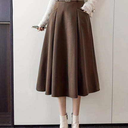 Elegant Flared Skirt with Belt | Women'S Fall/Winter Design, Back Zipper, Pockets, Solid Color