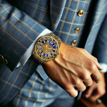 1pc Men'S Luxury Mechanical Watch with Roman Numeral Dial, Blue Hands & Golden-Tone Markers