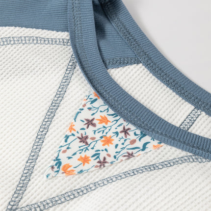 White Floral Patchwork Waffle Knit Raglan Top
