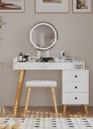 Dressing Table With LED Lights Glass Top Dressing Table With Extendable Side Table 5 Drawers Dressing Table With Mirror And Stool For Bedroom