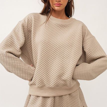 Parchment Solid Color Quilted Long Sleeve Top and Shorts Set