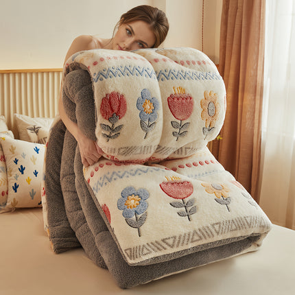 Winter Velvet Thick Quilt: with Bohemian Floral And Geometric Patterns,